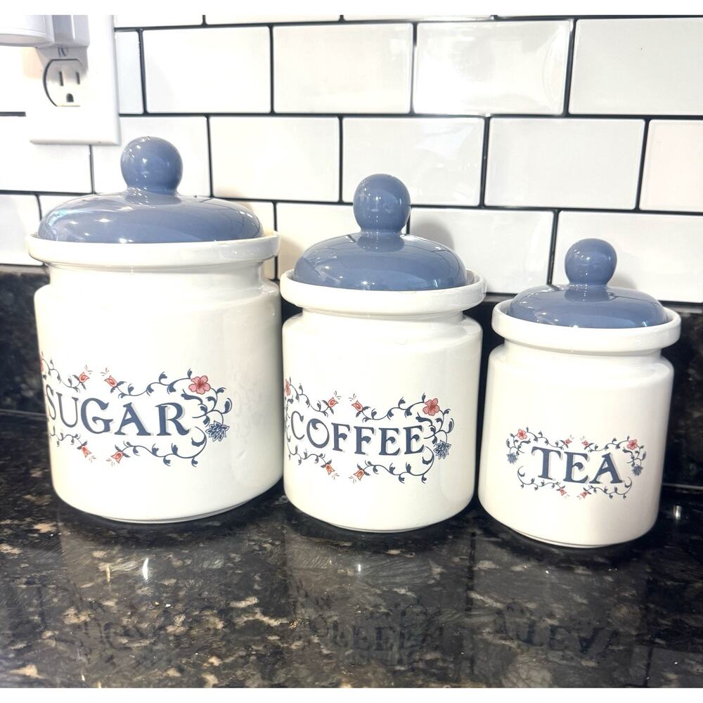 Vtg Granny Core Ceramic Canister Set 3- pc Sugar Coffee Tea blue floral Corelle